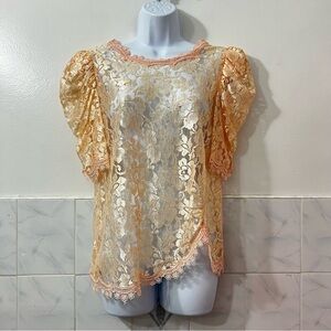Vintage Floral Sheer Lace Pink Peach Top Blouse M Cottagecore Coquette Feminine